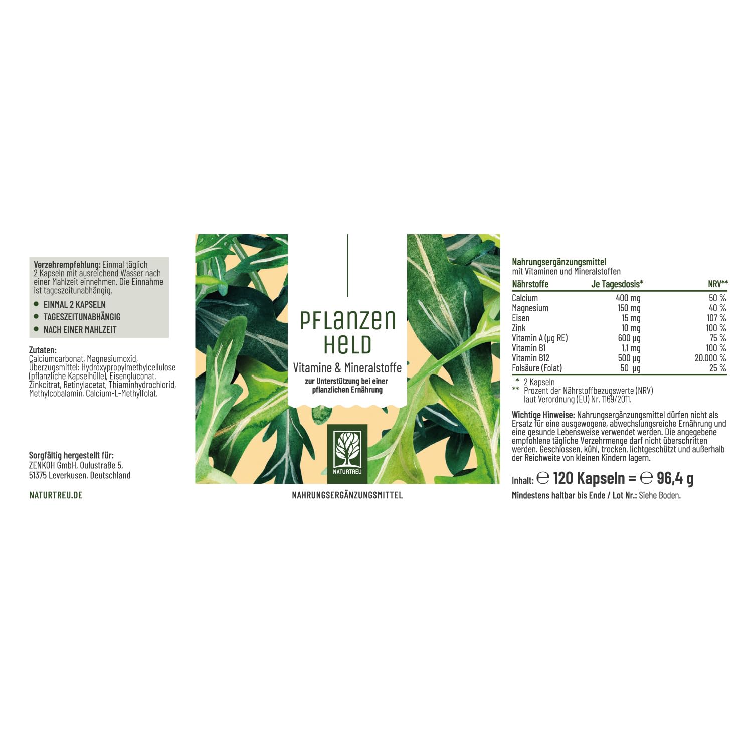 NATURTREU® Vitamin Kapseln Vegan - 360 Kapseln für Veganer und Vegetarier | Daily Vitamins mit B12, Eisen, Zink, Calcium, Magnesium & Vitamin A - Vegan Multivitamin ohne Jod - Vorteilsbundle 3er Paket