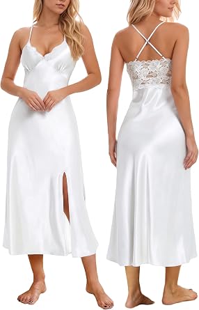 ALCEA ROSEA Women Silk Satin Nightgown Sexy Lace Chemise Lingerie Long Sleepdress for Ladies Sleepwear Slip Negligee