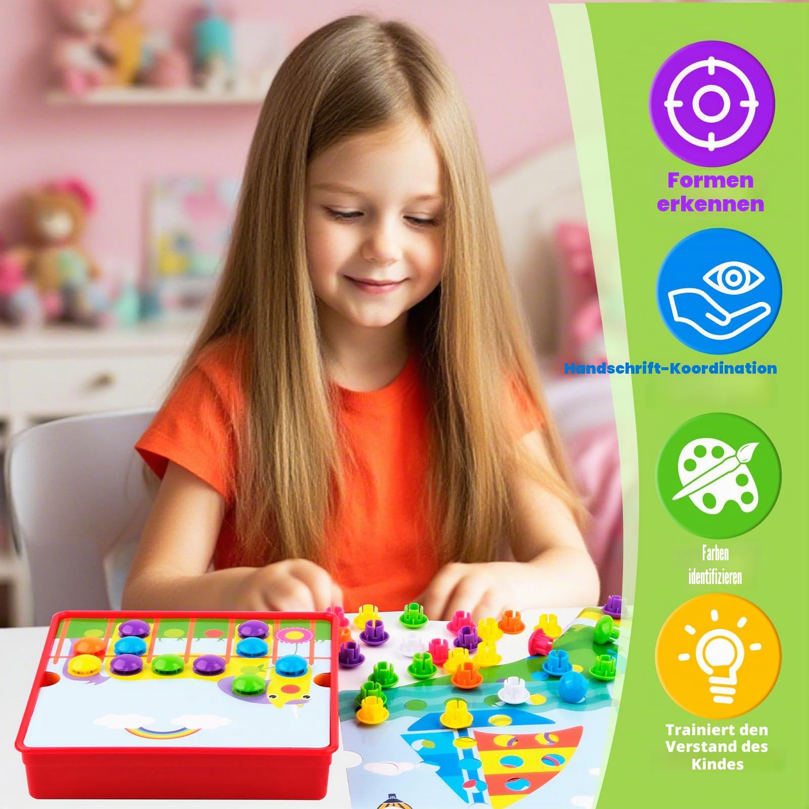 Mosaik Steckspiel ab 4 5 6 Jahre, Montessori Lernspielzeug mit 12 Bildvorlagen & 46 Steckperlen, Farben Lernen & Motorik fördern, Pädagogisches Steckspiel für Kinder, Geschenk Junge Mädchen