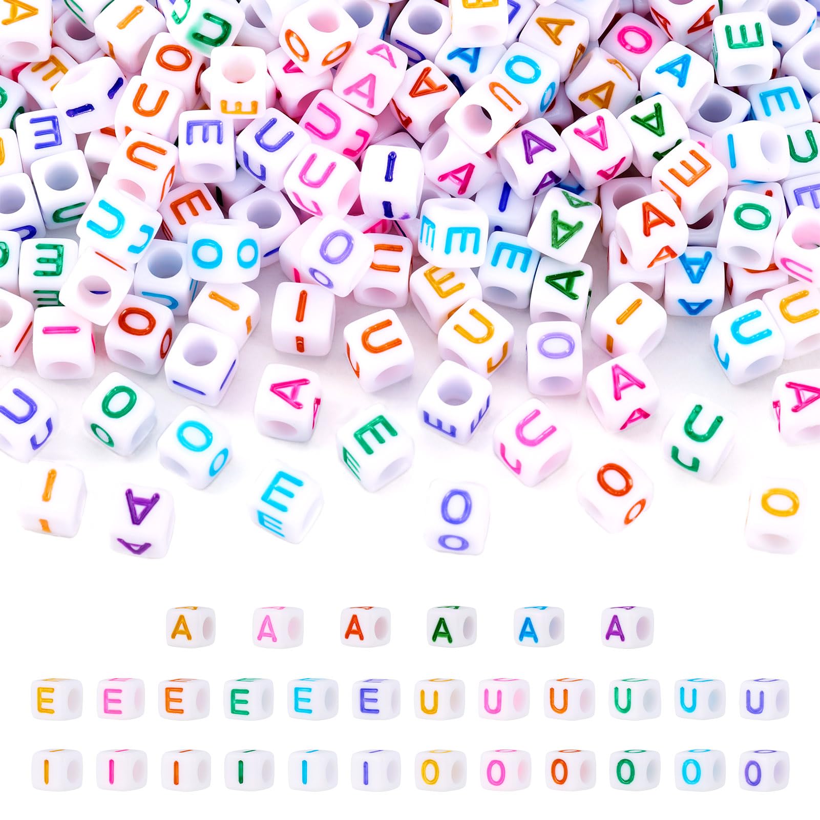 FASHEWELRY 500 Pcs Cube Alphabet Beads - 6mm Colorful Vowel Letter AEIOU Initial Beads for DIY Jewelry Making