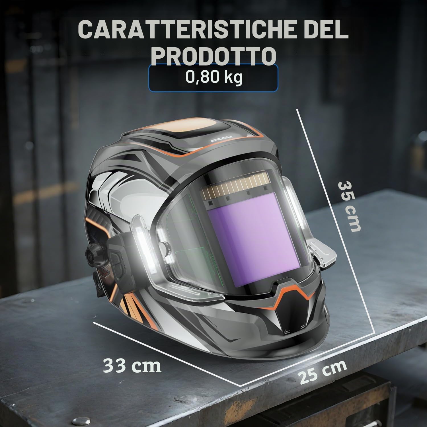 ANDELI Casco da Saldatore Panoramico180°con Visiera Laterale,100x95mm ampio campo visivo,Oscuramento Automatico 4/5-8/9-13,True Color,4 Sensori,Alimentazione Solare,Protezione UV/IR fino a DIN 16