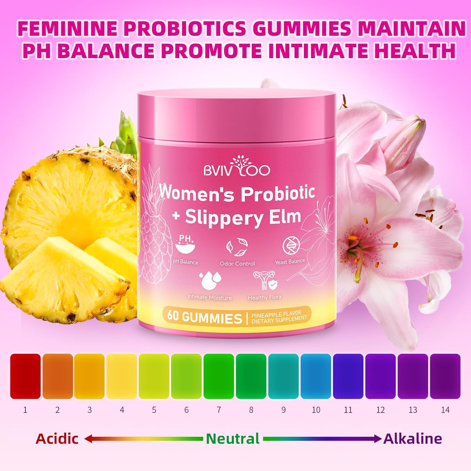 Women's Probiotic Slippery Elm Gummies - Her Juicy Probiotics for Feminine Health, Supports pH Balance & Immune System, Pineapple Flavor, 60 Count - Image 5