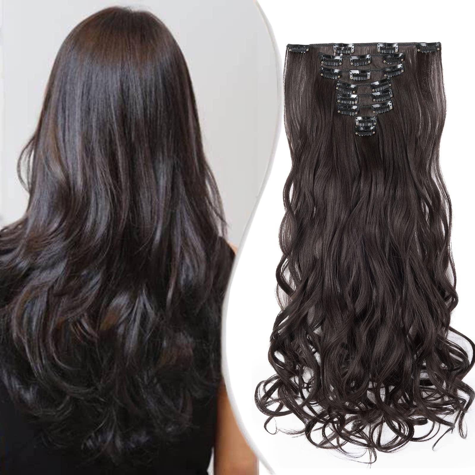 60cm SEGO Extensiones de Clip de Pelo Sintético Se Ve Natural 8 Piezas 18 Clips Rizadas Ondulads Cabello Invisible (Castaño Oscuro,140g)