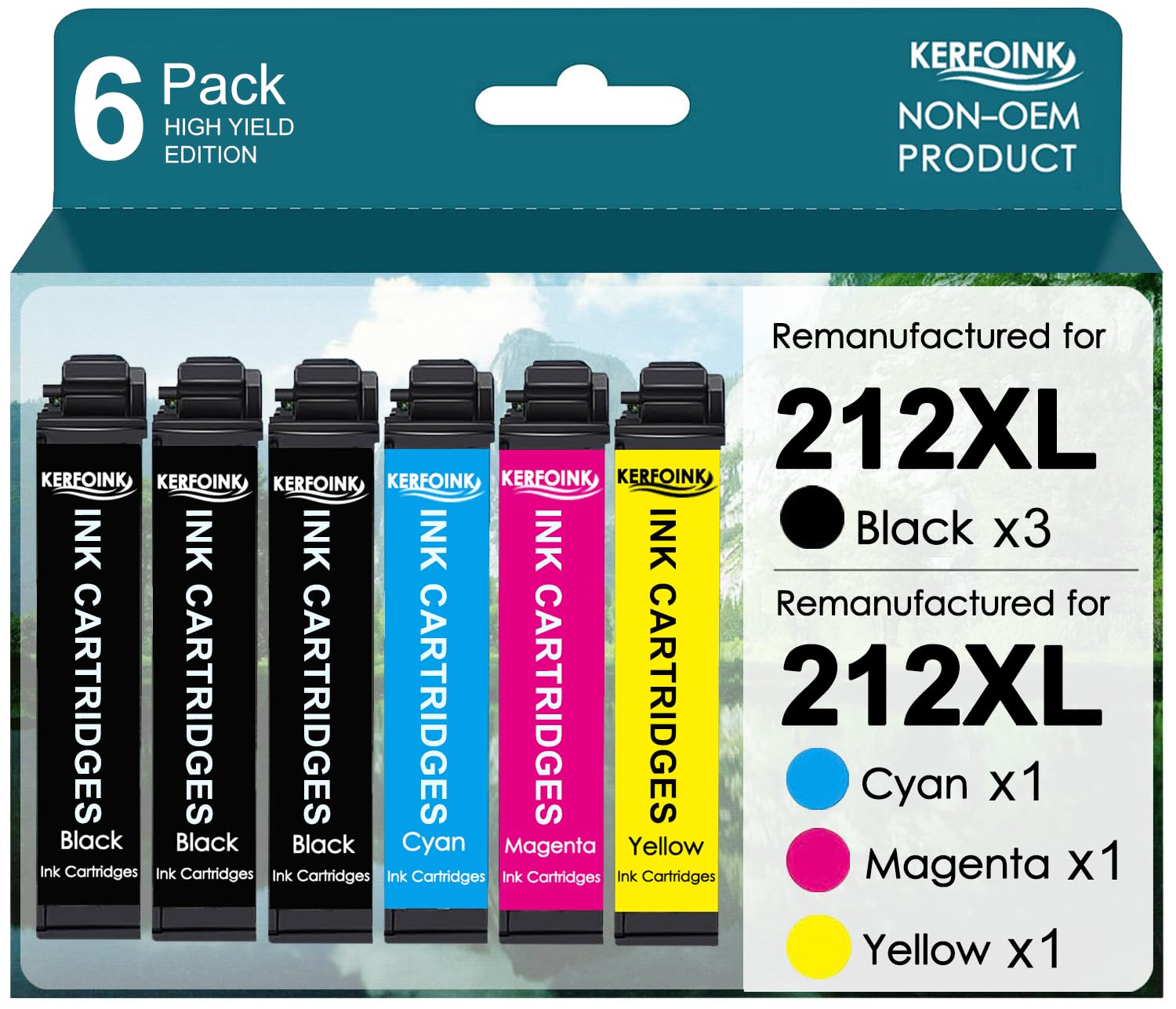 Photo 1 of KERFOINK Remanufactured Ink Cartridges for Epson 212 212XL Combo Pack Upgraded Chips for XP-4100 XP-4105 WF-2830 WF-2850 Printers, High Yield (3 Black, 1 Cyan, 1 Magenta, 1 Yellow, 6-Pack)