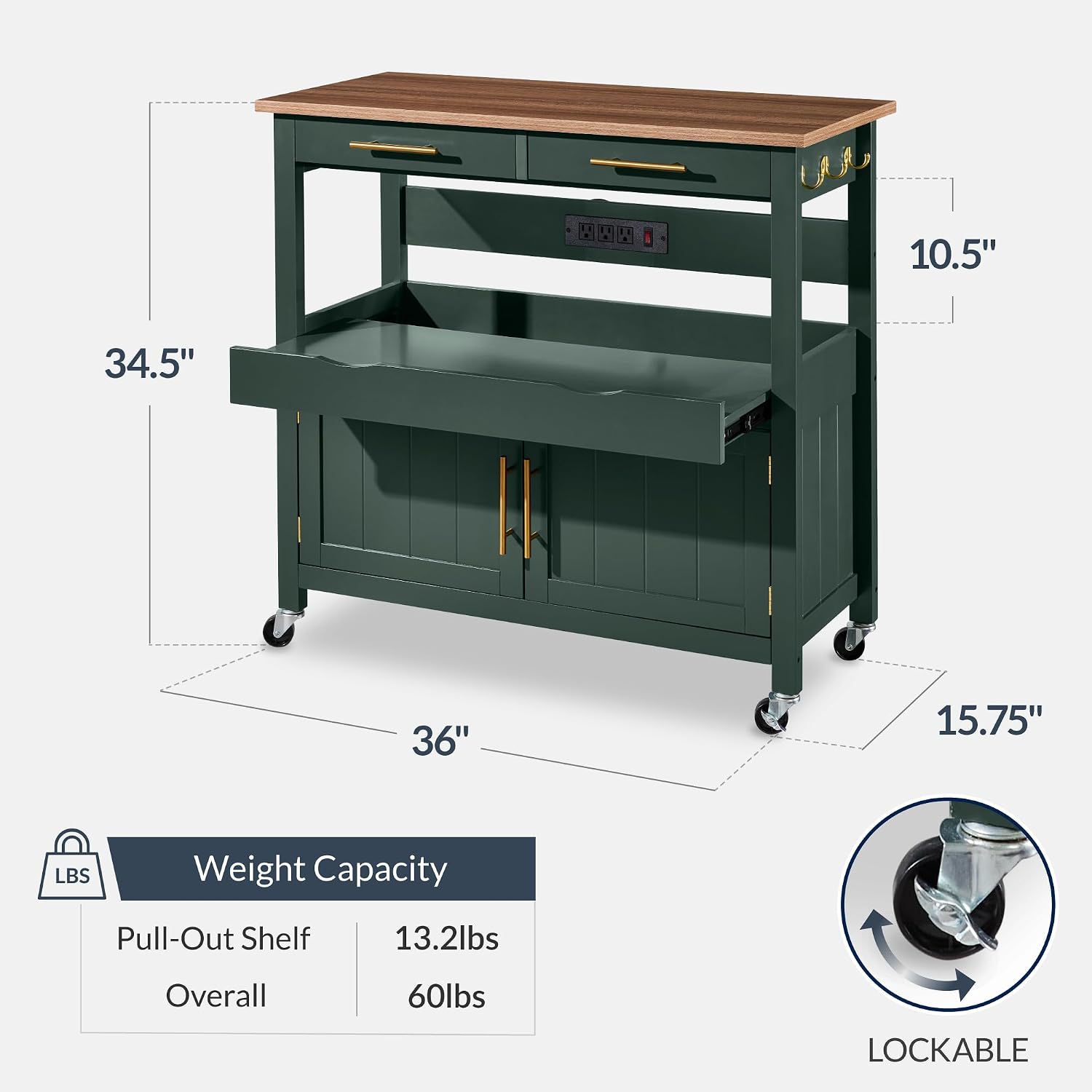 Best Choice Products 36in Large Rolling Kitchen Island Cart, 2-Door Cabinet, 2 Drawers, Pull-Out Shelf, Power Outlet, Hooks, & Swivel Lockable Wheels - Forest Green