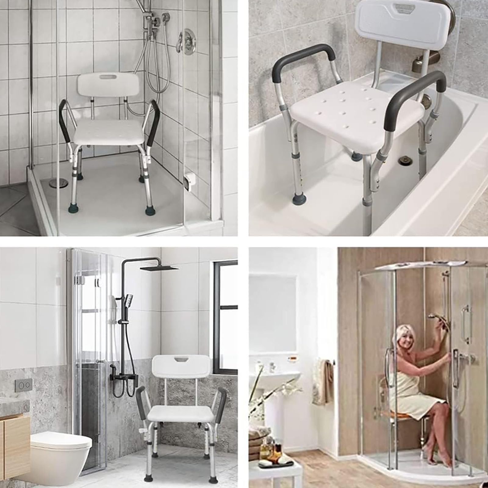 Silla de Ducha Giratoria, Asiento de Ducha Regulable en Altura con Respaldo, Baño para Discapacitados con Reposabrazos y Respaldo, Taburete de Ducha