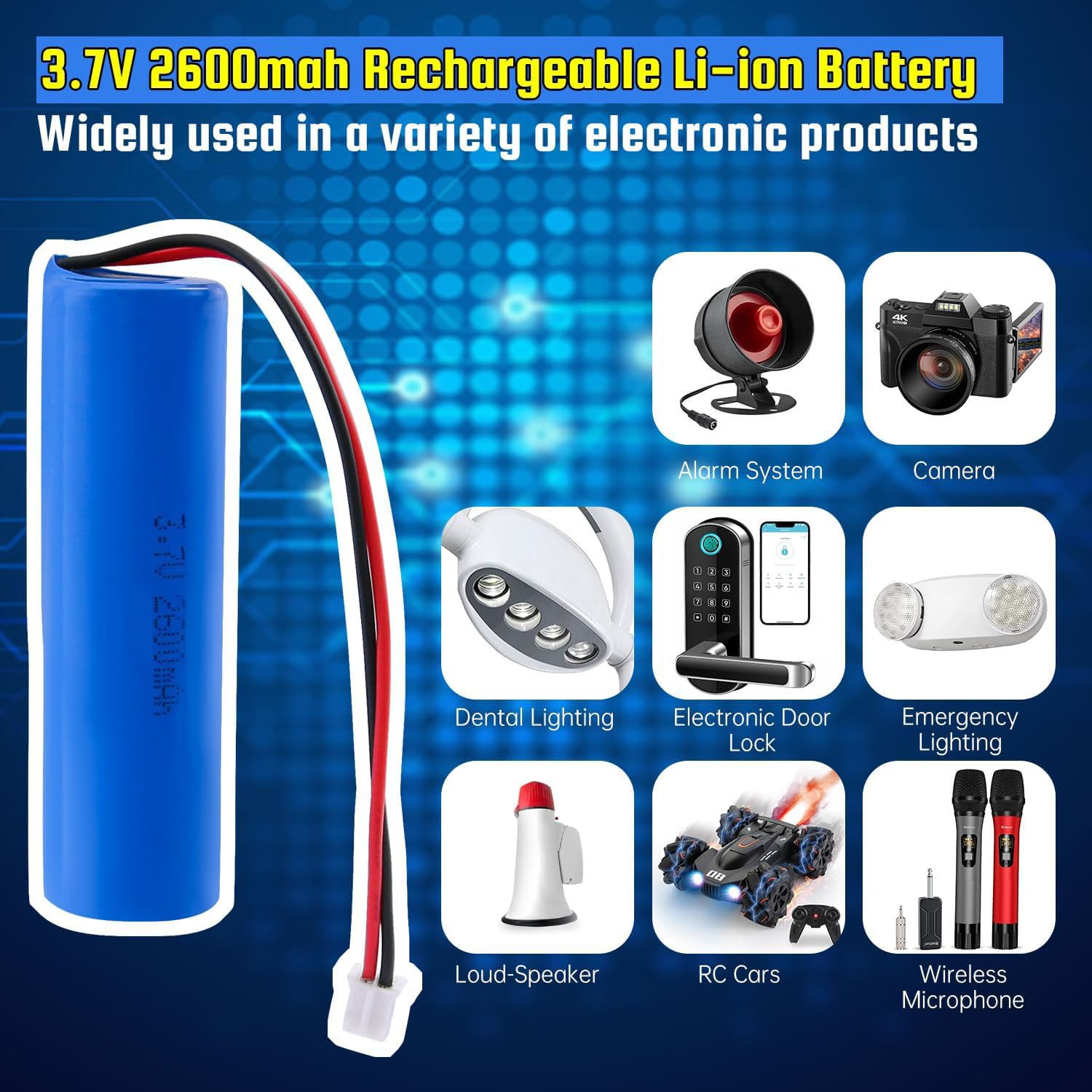 Batería Recargable de Iones de Litio de 3,7 V y 2600 mAh para Productos electrónicos de Bricolaje, Juguetes, iluminación y Equipos Bluetooth. con Conector PH2.0 de 2 Pines.