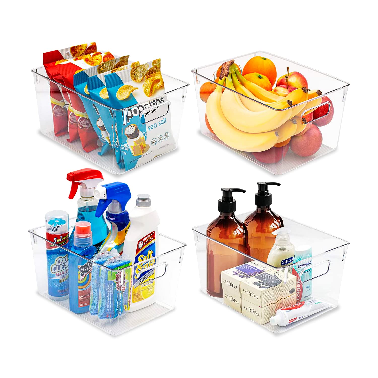 ECASA™ Set of 4 Refrigerator Organizer Bins, Clear Plastic Storage Fridge Organizers with Handle, BPA Free Containers for Kitchen,Countertops,Cabinets,Pantry Organization & Storage: 2Large&2Medium