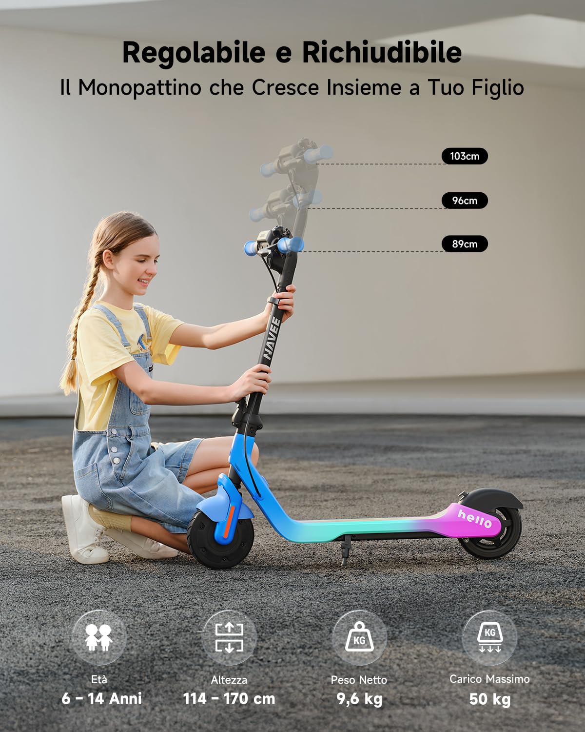 NAVEE K100 Serie Monopattino Elettrico Bambini, Controllo Parentale via APP, Autonomia 14-24 km, Velocità 16 km/h, Luci Ambientali, Pneumatici 7", 3 Altezze Regolabili, 6-14 Anni