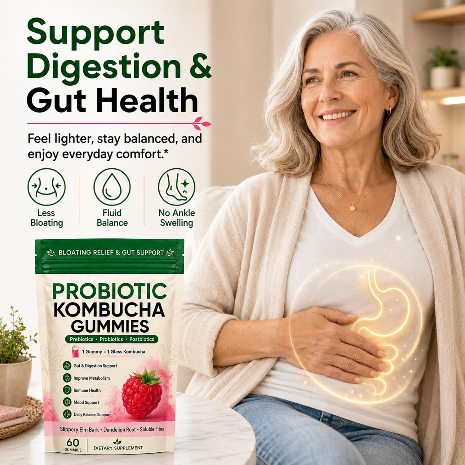Evolia Probiotic Kombucha Gummies, Prebiotic Probiotic Postbiotic Formula, Digestive & Gut Health Support, Microbiome Balance & Digestive Comfort, Vegan, Non-GMO, 60 Gummies (1 Peak) — Amazon image 4