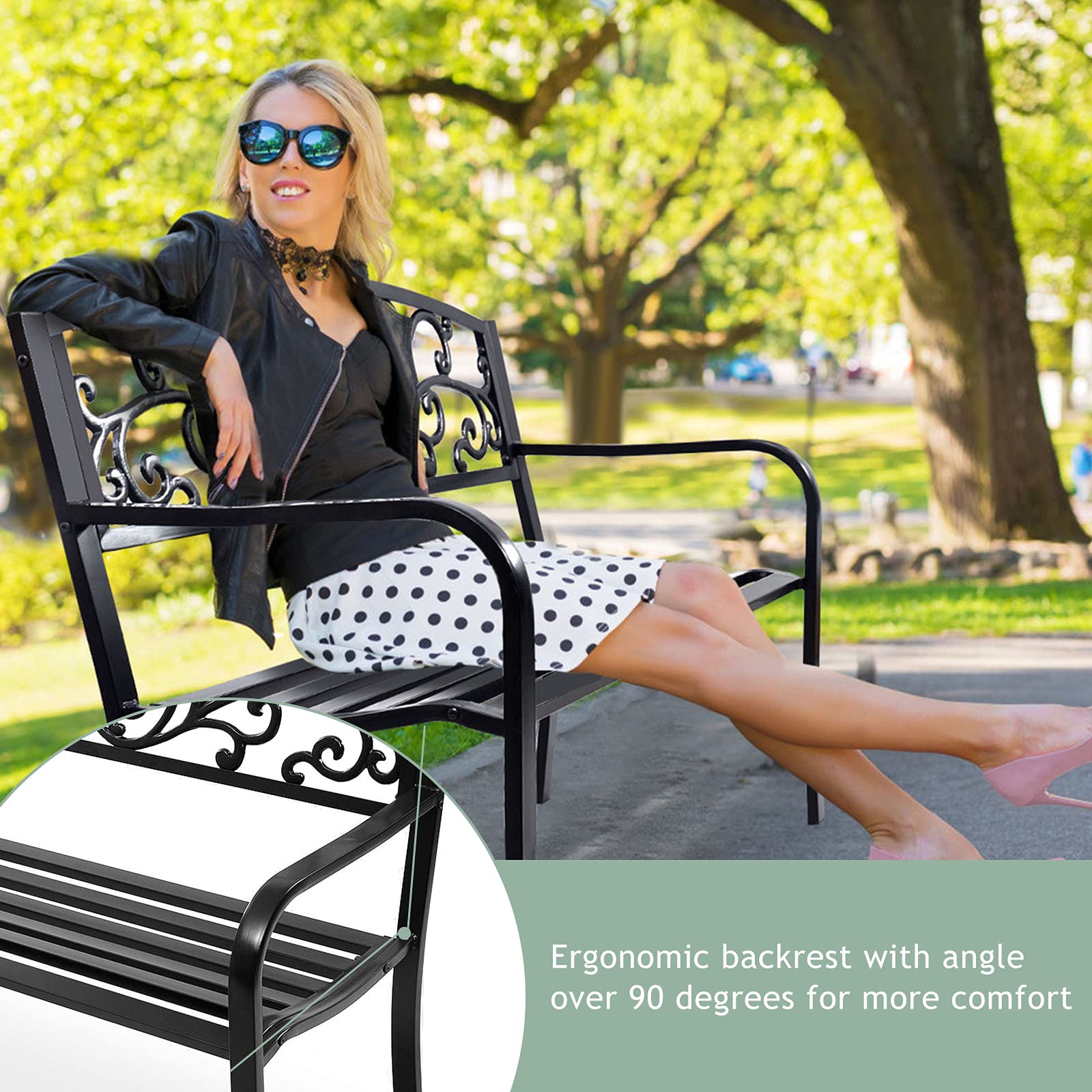RELAX4LIFE Banc de Jardin Extérieur pour 2-3 Personnes, Banc de Jardin Fer Forgé Résistant avec Dossier Incliné, Accoudoirs Arrondis, Pieds Robustes, pour Terrasse Parc Pelouse, Noir
