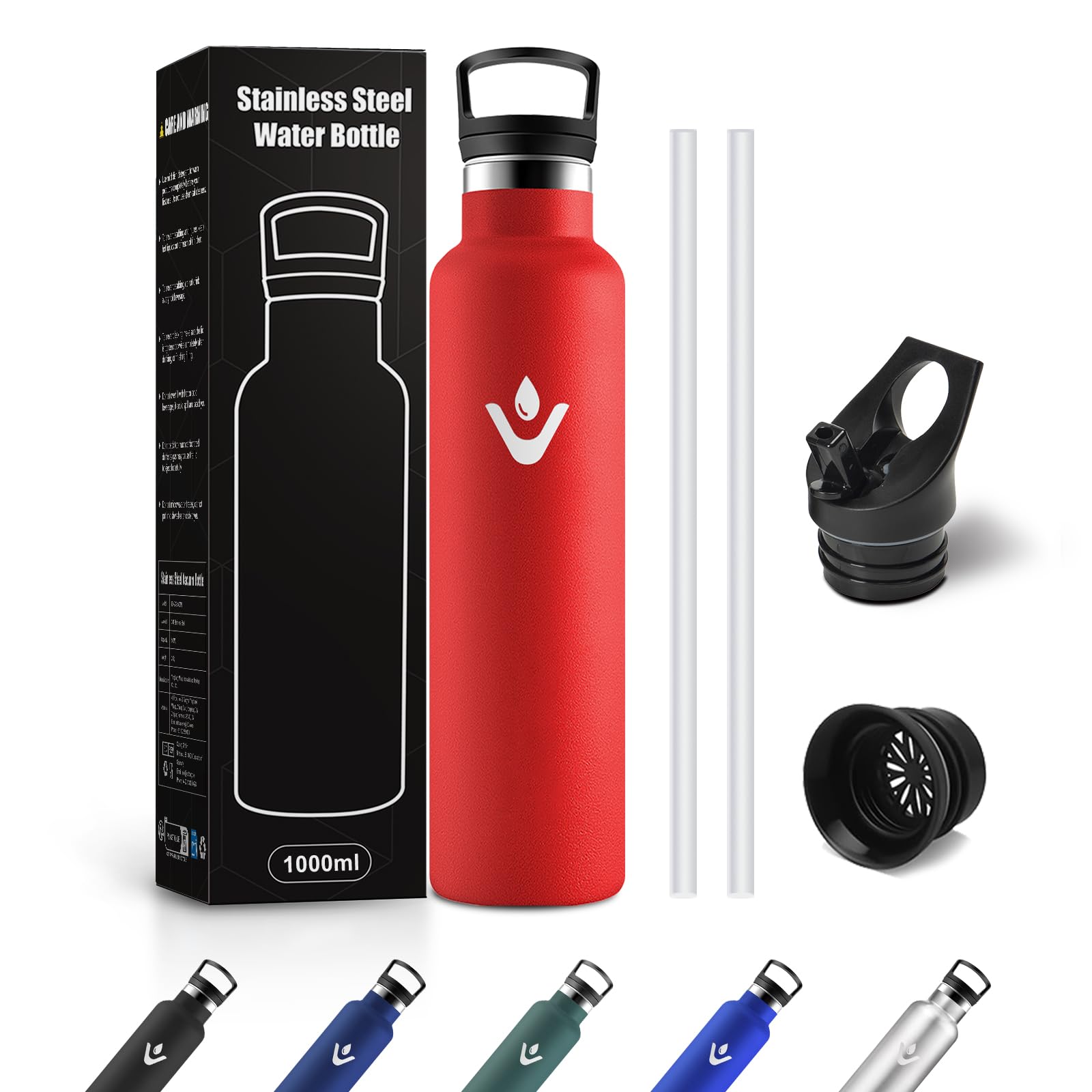 Borraccia Acciaio Inox 1L, Termos con Cannuccia, a prova di perdite, Riutilizzabile, senza BPA, Bottiglia per Uffici, Viaggio, Ciclismo