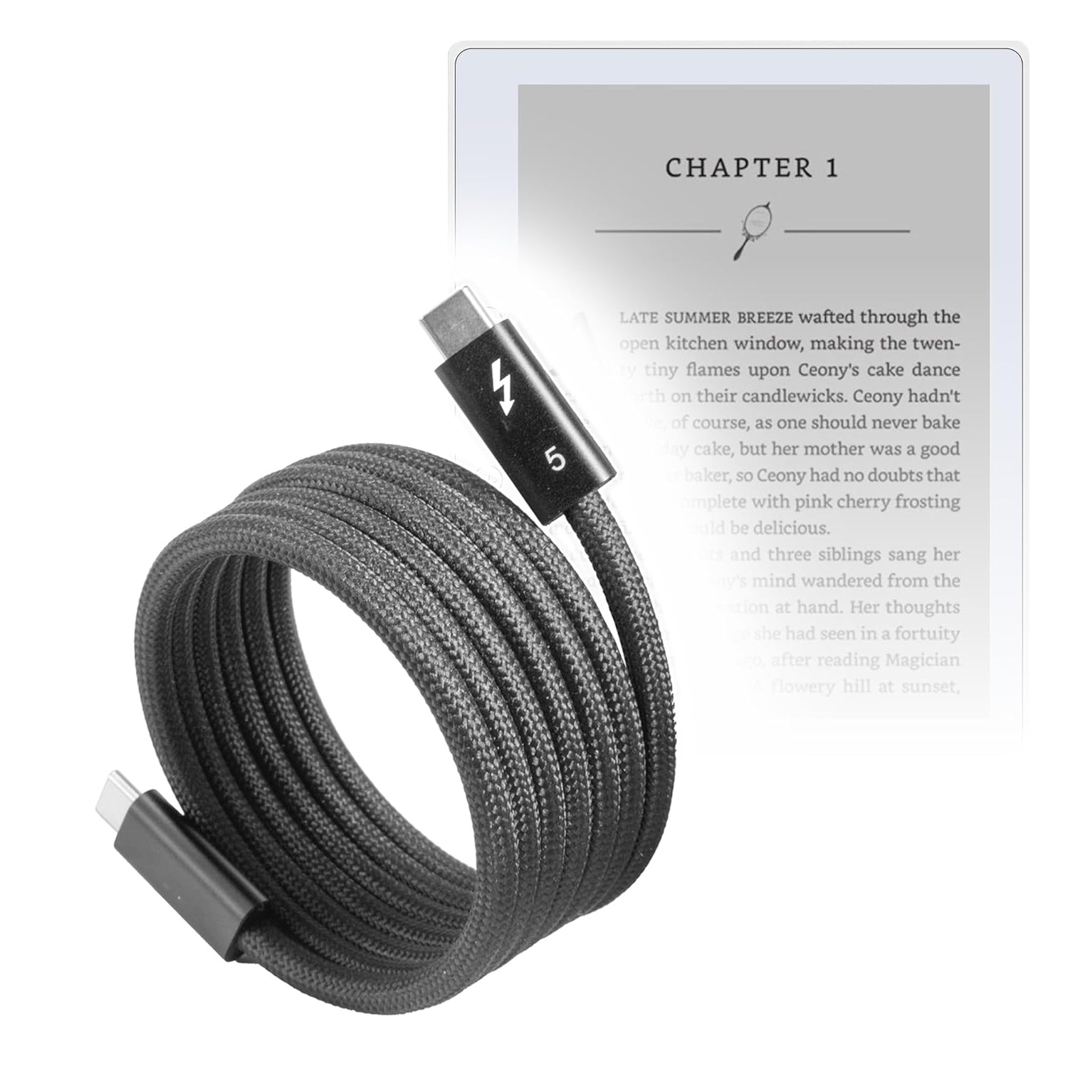 BoxWave Cable Compatible with Veidoo eReader E7 (5.8 in) - SnapWrap Thunderbolt 5.0 Cable (5ft 240W), Magnetic Self-Coiling Nylon Braided Retractable - Jet Black