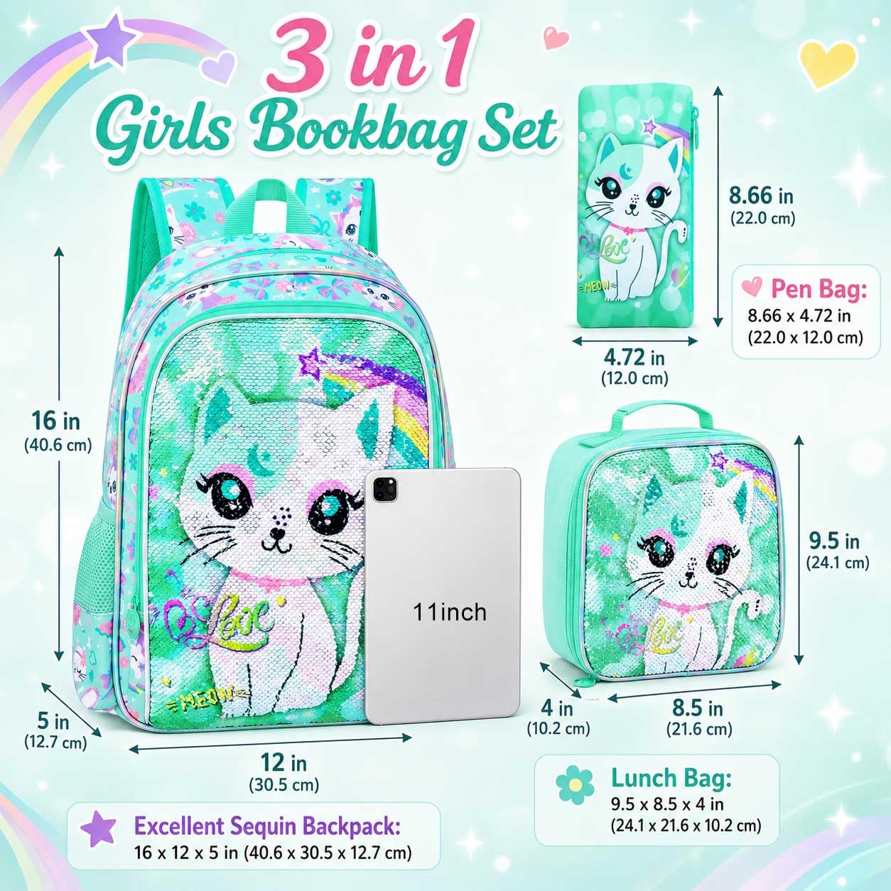 UFNDC Mochila de 3 piezas para niñas con fiambrera, bolsa de libros de lentejuelas para niños de 16 pulgadas con fiambrera, mochila escolar para niños pequeños de primaria