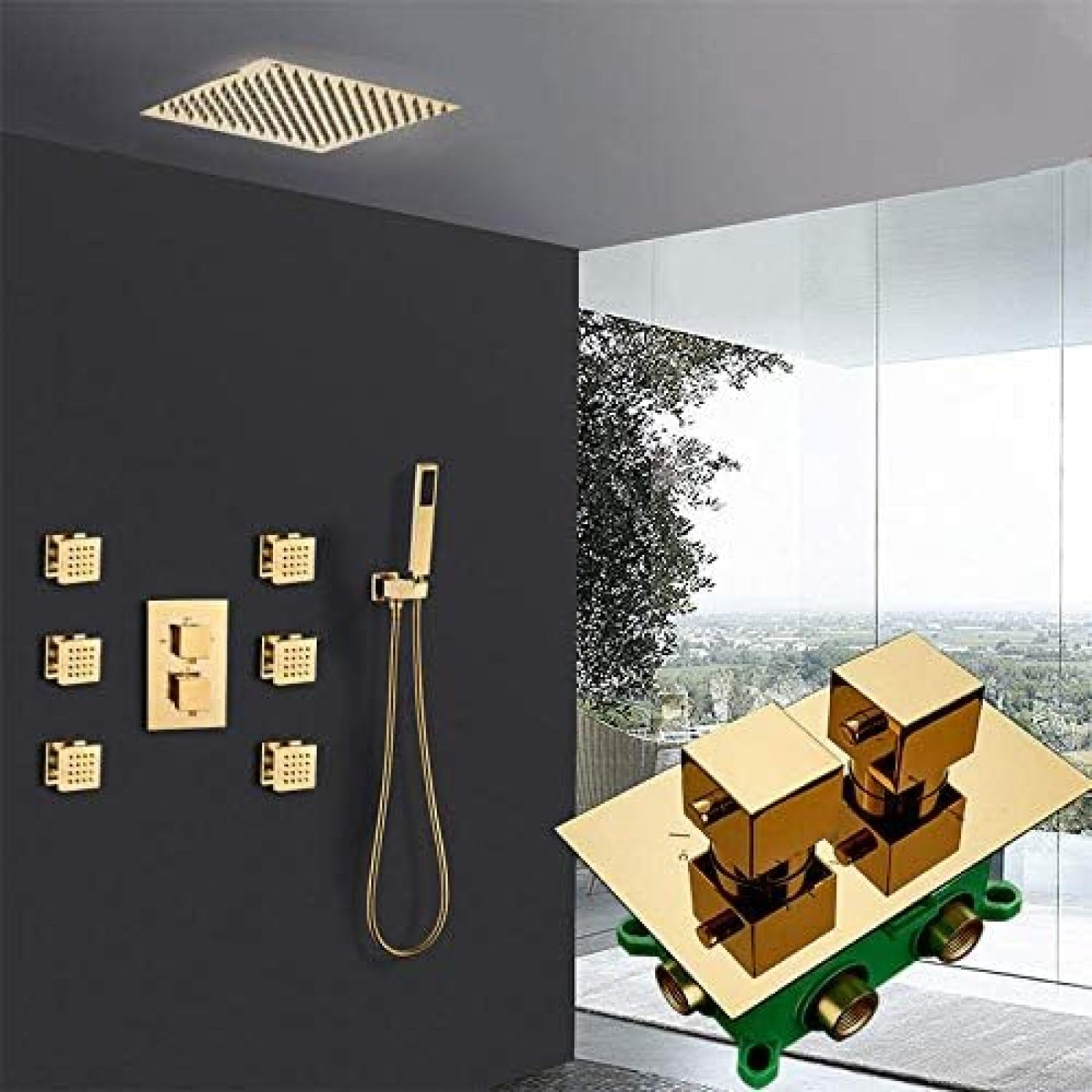 NZPOST Thermostatic Shower Faucets Set 3,Way Embedded Golden Thermostatic Mixer Tap with 6pcs Massage Jet