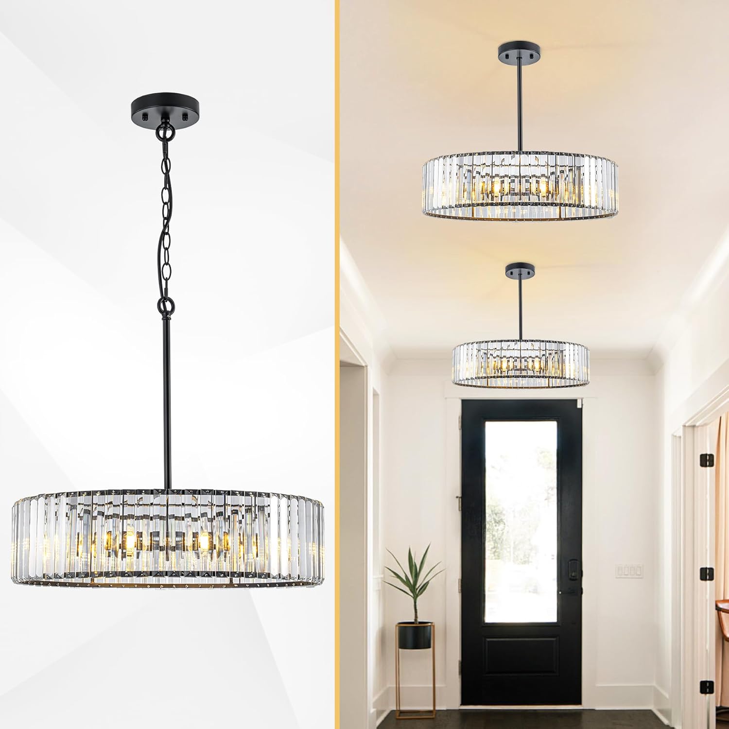black crystal chandelier, 20" modern semi flush mount ceiling light fixture for kitchen pendant lights round chandeliers for dining room living room bedroom entryway hallway, 3-light black 20 inch