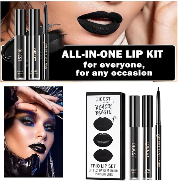 Baorder 3Pcs Black Matte Lip Liner and Liquid Lipstick Stain Set,Long Lasting Matte Lipgloss+Glossy Lip Gloss+Lip Liner Pencil,3 In 1 Lip Makeup Kit Halloween Goth Makeup