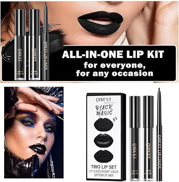 Baorder 3Pcs Black Matte Lip Liner and Liquid Lipstick Stain Set,Long Lasting Matte Lipgloss+Glossy Lip Gloss+Lip Liner Pencil,3 In 1 Lip Makeup Kit Halloween Goth Makeup