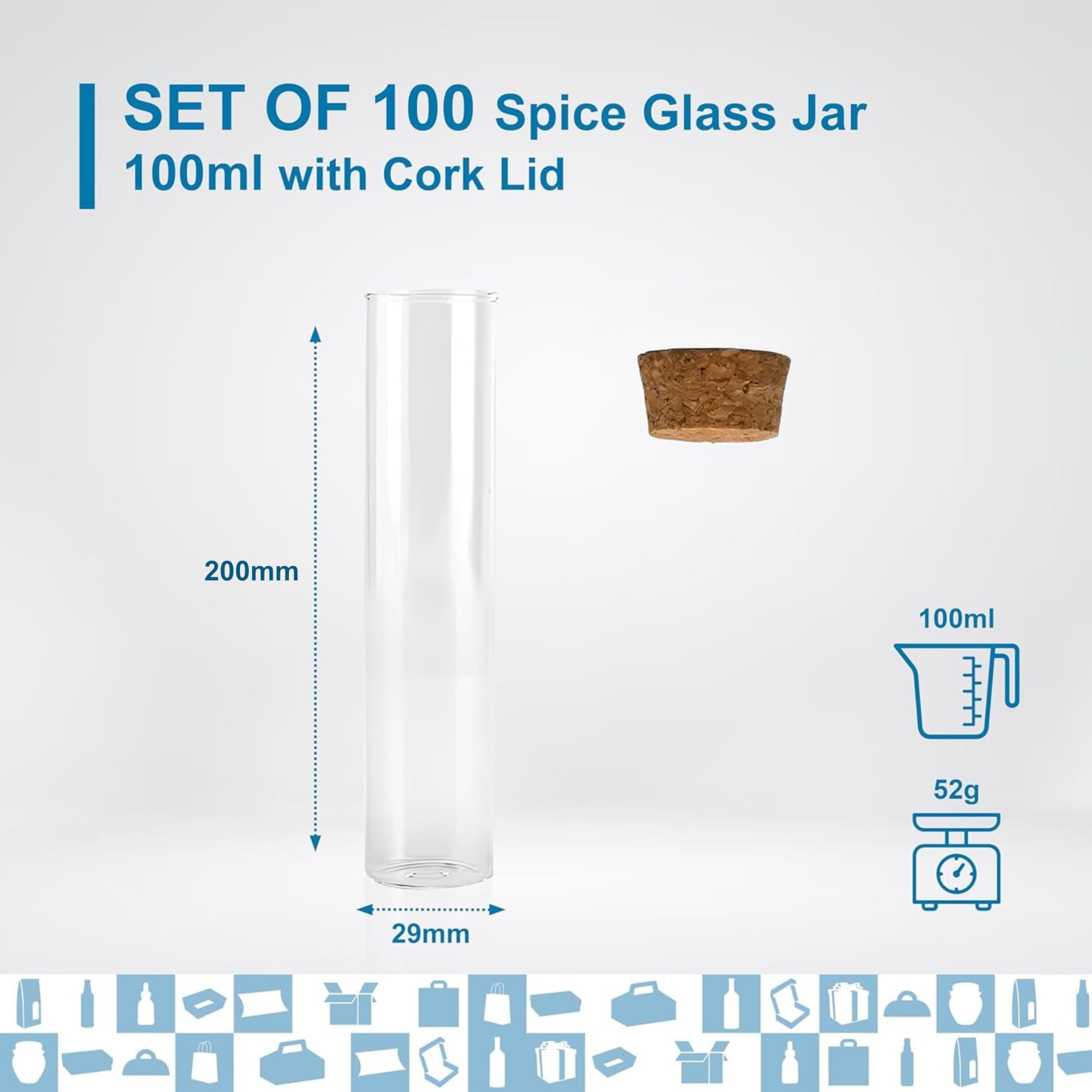 Pack de 100 tubos de ensayo de vidrio con tapón Liege 100 ml - frascos para laboratorio, frascos de cristal, tubo de cristal, frasco de cristal, grageas de boda, decoración, bauteme, especias,
