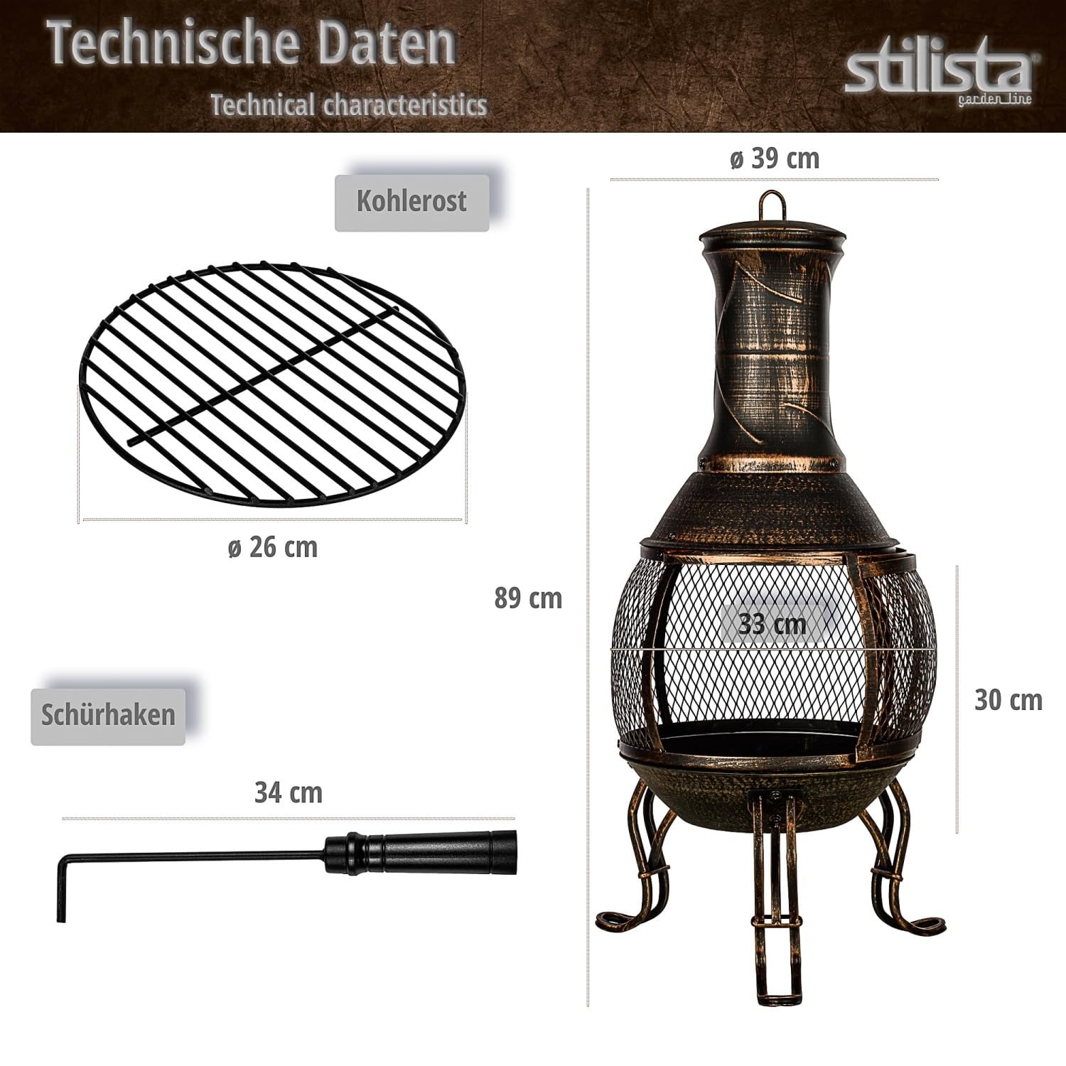 STILISTA Terrassenofen 89 cm aus Gusseisen mit Funkenschutz und Schürhaken, Antik Bronze