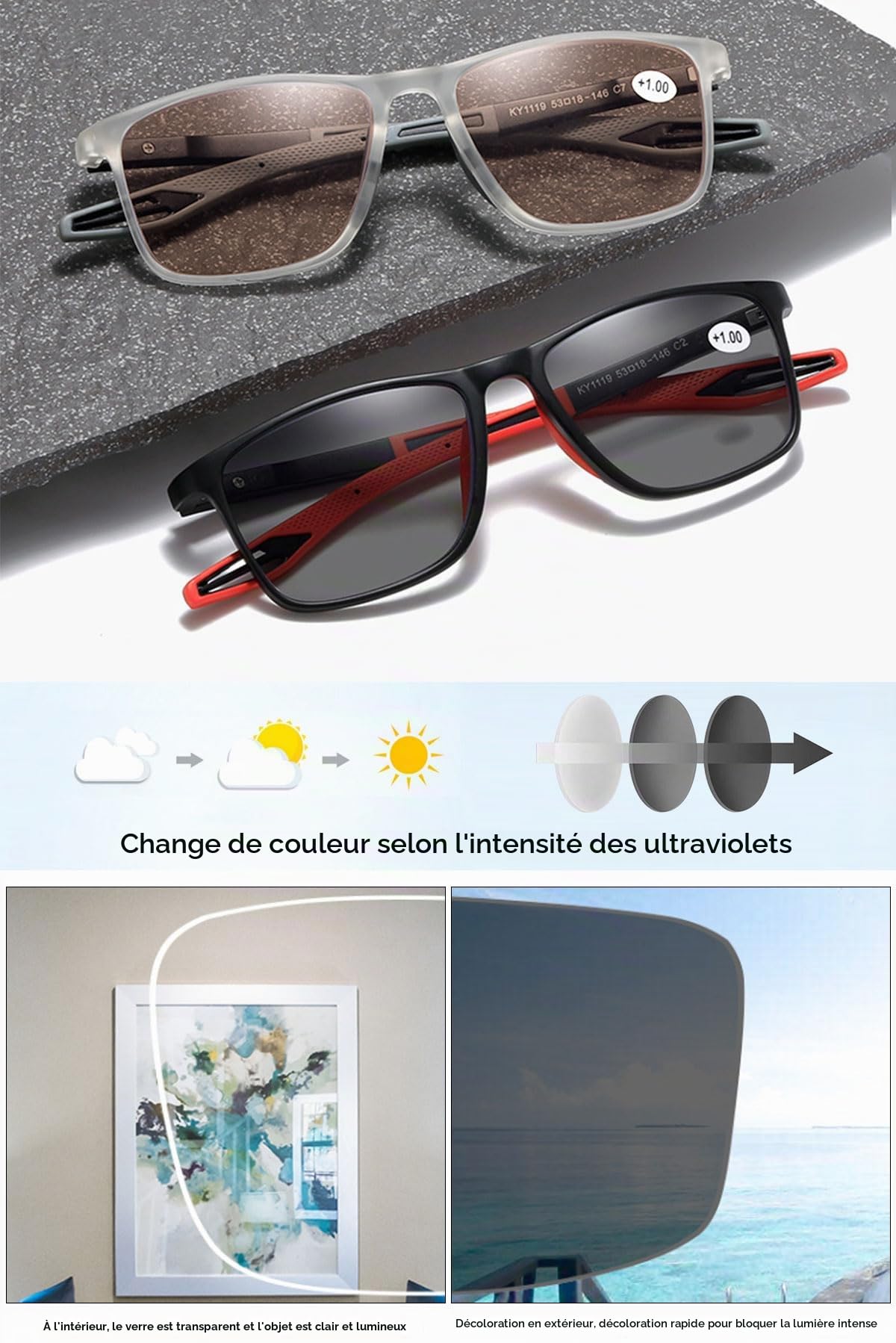 KOOSUFA Photochromic Reading Glasses Blue Light Blocking Sun Readers UV Protection TR90 Super Lightweight Sunglasses for Men Women 3 in 1 Lenses Darken In Sunlight 0.0 1.0 1.5 2.0 2.5 3.0 3.5 4.0