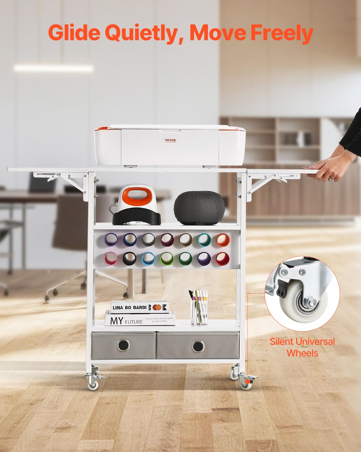 VEVOR Chariot de Rangement, Compatible avec les Plotters de Découpe, Table de Travail Artisanal, avec Côtés Pliables, Organisateur Mobile pour l'Artisanat avec 14 Porte-rouleaux de Vinyle et 2 Tiroirs