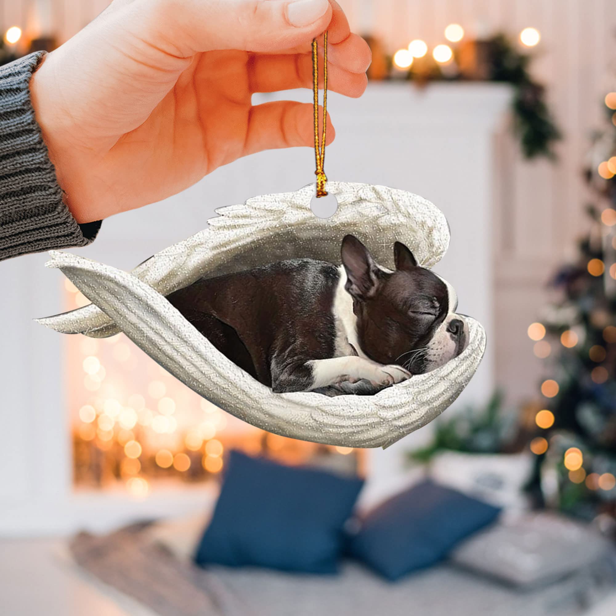 Talataca Boston Terrier 2D Flat Wooden Christmas Ornament, Boston