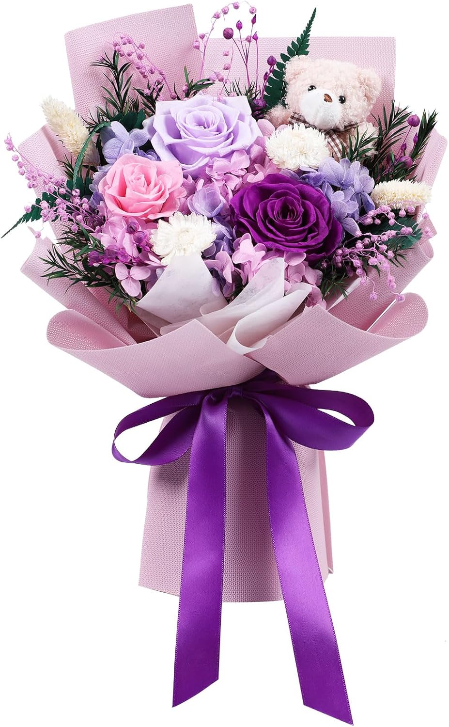 mapleway Preserved Flowers Bouquet with Bear, Long-Lasting Eteranl Flowers for Delivery Prime, 3 Roses Mixed Bouquet Forever Flowers Gifts for Mon Girlfriend Wife Her Anniversary Ceremony Birthday