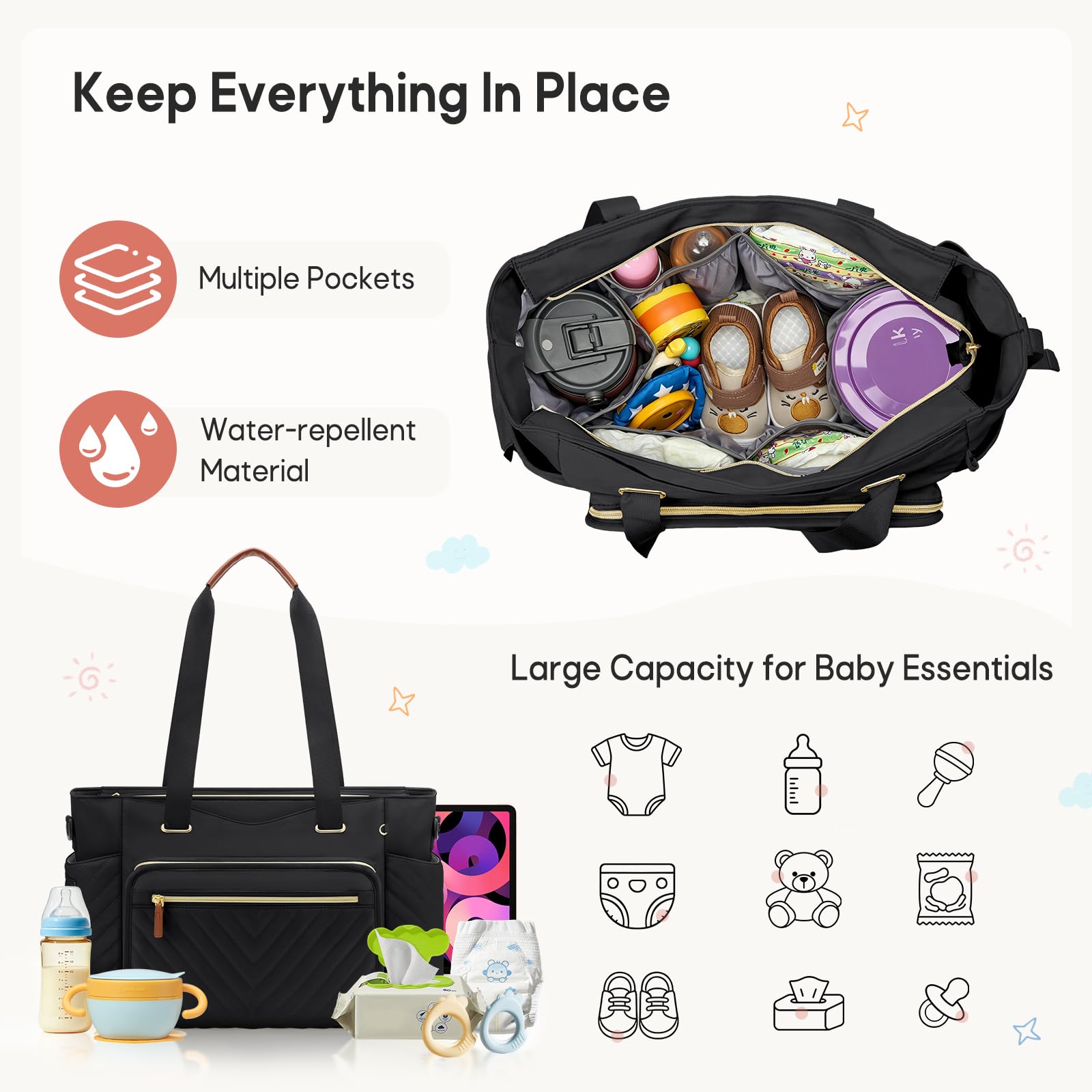 RAINSMORE Sac à Langer Sac Bébé avec Pochette Sucette et Matelas à Langer