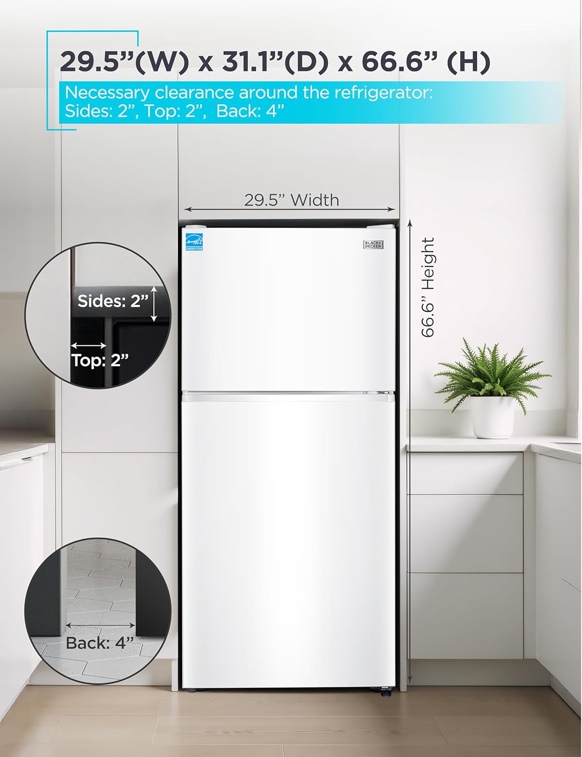 BLACK+DECKER 20.1 Cu. Ft. Top Mount Refrigerator with Ice Maker, 2-Door Refrigerator with Top Freezer, Freezer with Icemaker and Adjustable Temperature Control, ENERGY STAR, BR2010JIMW, White
