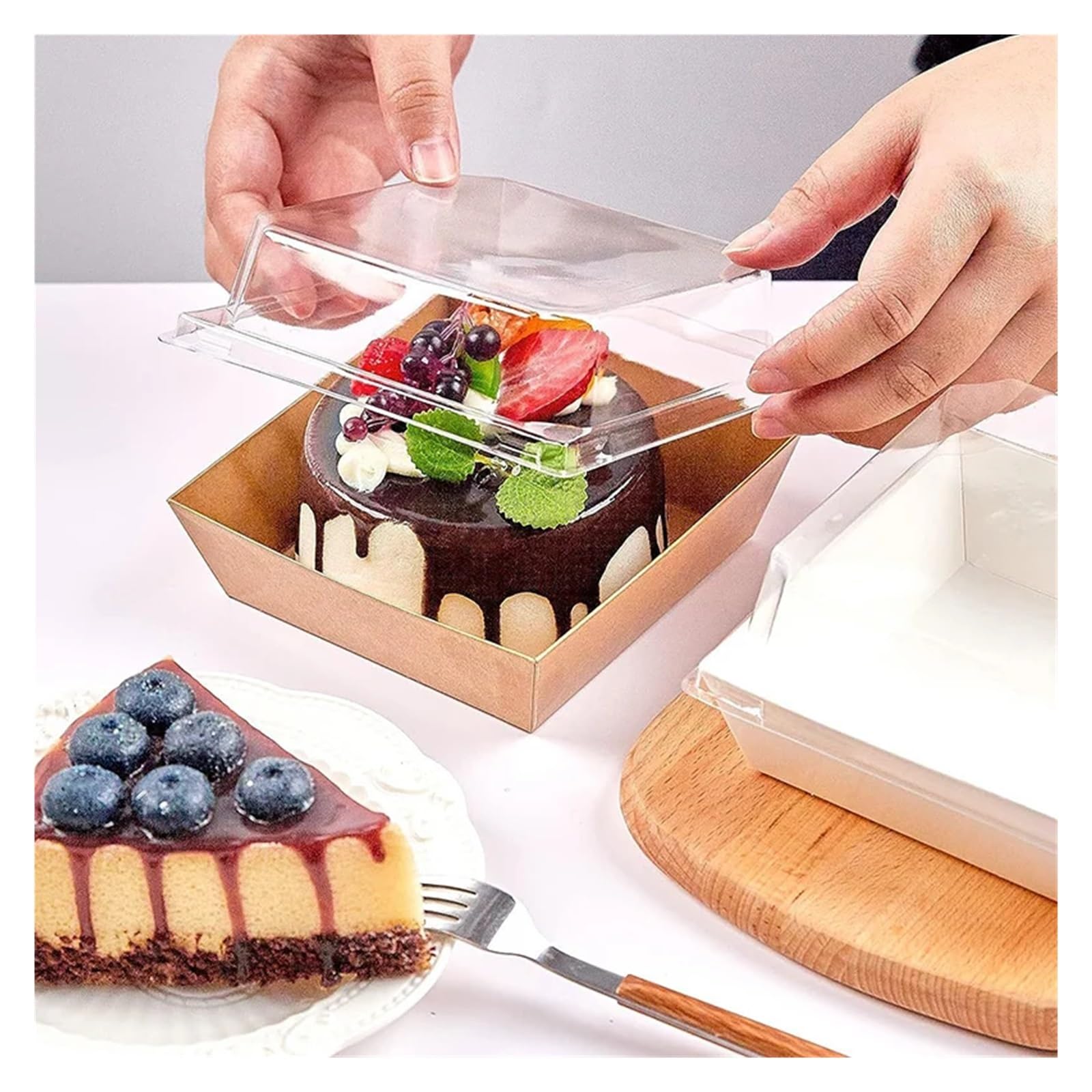 Cajas de papel kraft para tartas, 50 unidades, con tapas transparentes, recipientes desechables para charcutería