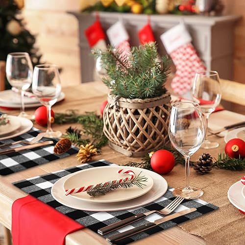Miniatura 2 de Senneny Juego de 6 manteles individuales de Navidad con diseño de cuadros negros y blancos reversibles de arpillera y algodón para decoración del