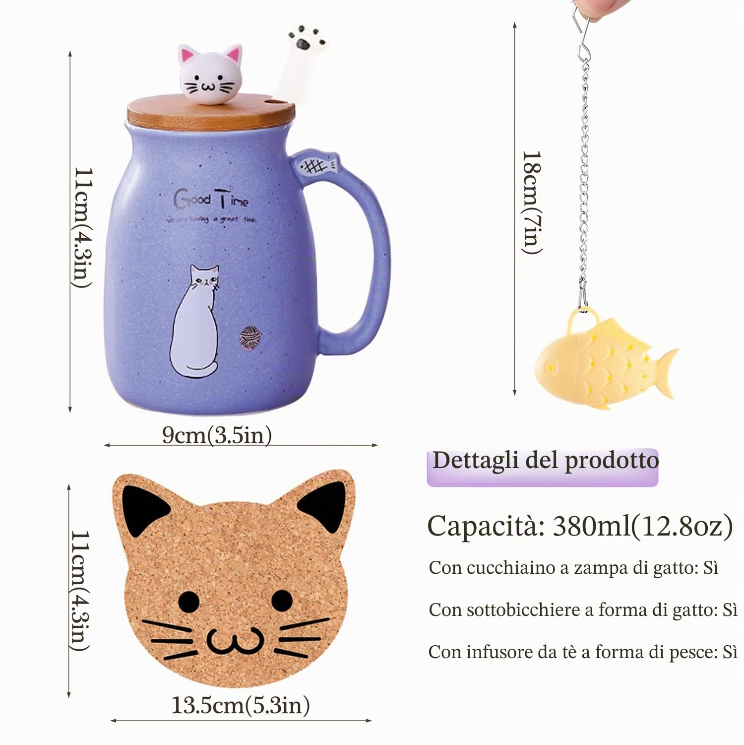 Ceramiczny kubek z pokrywką i łyżką ze stali nierdzewnej 380 ml