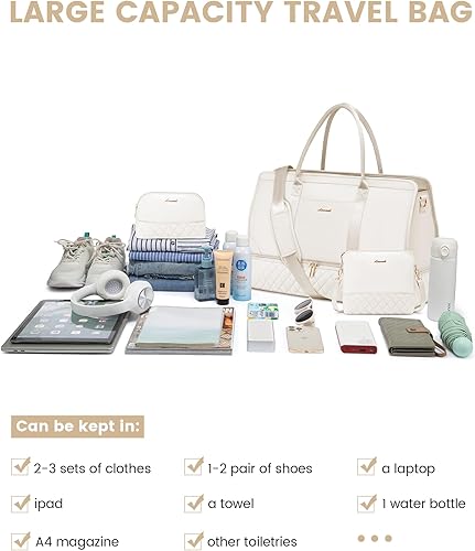 Miniatura 7 de Bolsas de fin de semana para mujer, bolsa de viaje con compartimento para zapatos, bolsa de mano para la noche, juego de 3 piezas, Beige, Elegante