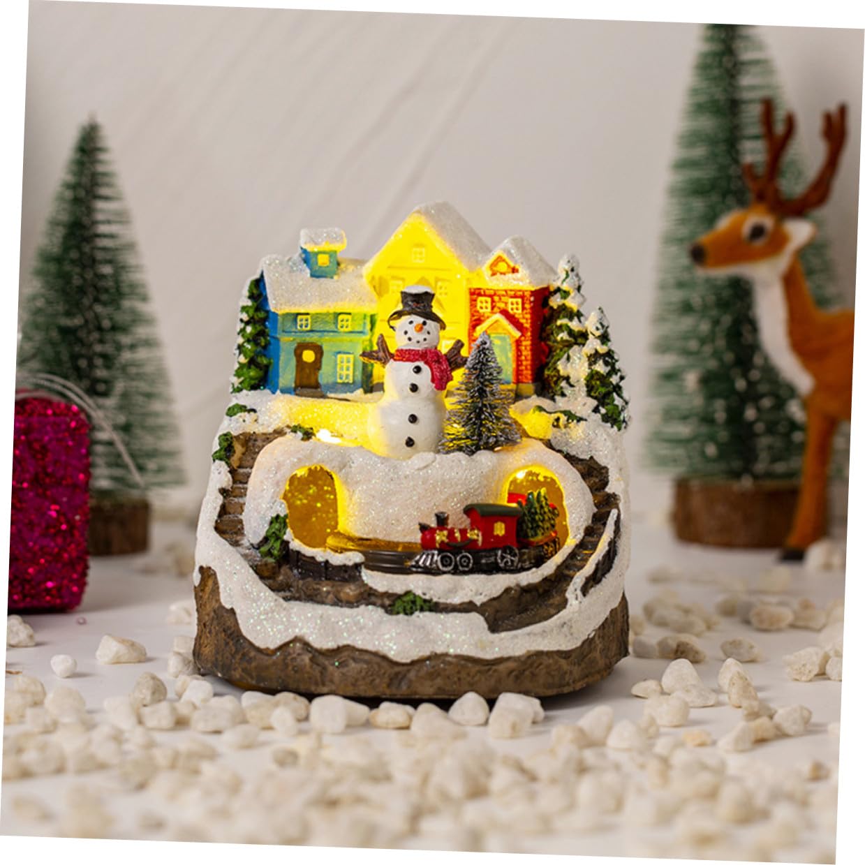BESTYASH Statuina Casa Natalizia Illuminata con Musica e Trenino Decorazione da Scrivania Compatta per Feste di Natale Regalo per Anniversario Decorazione Villaggio in Miniatura
