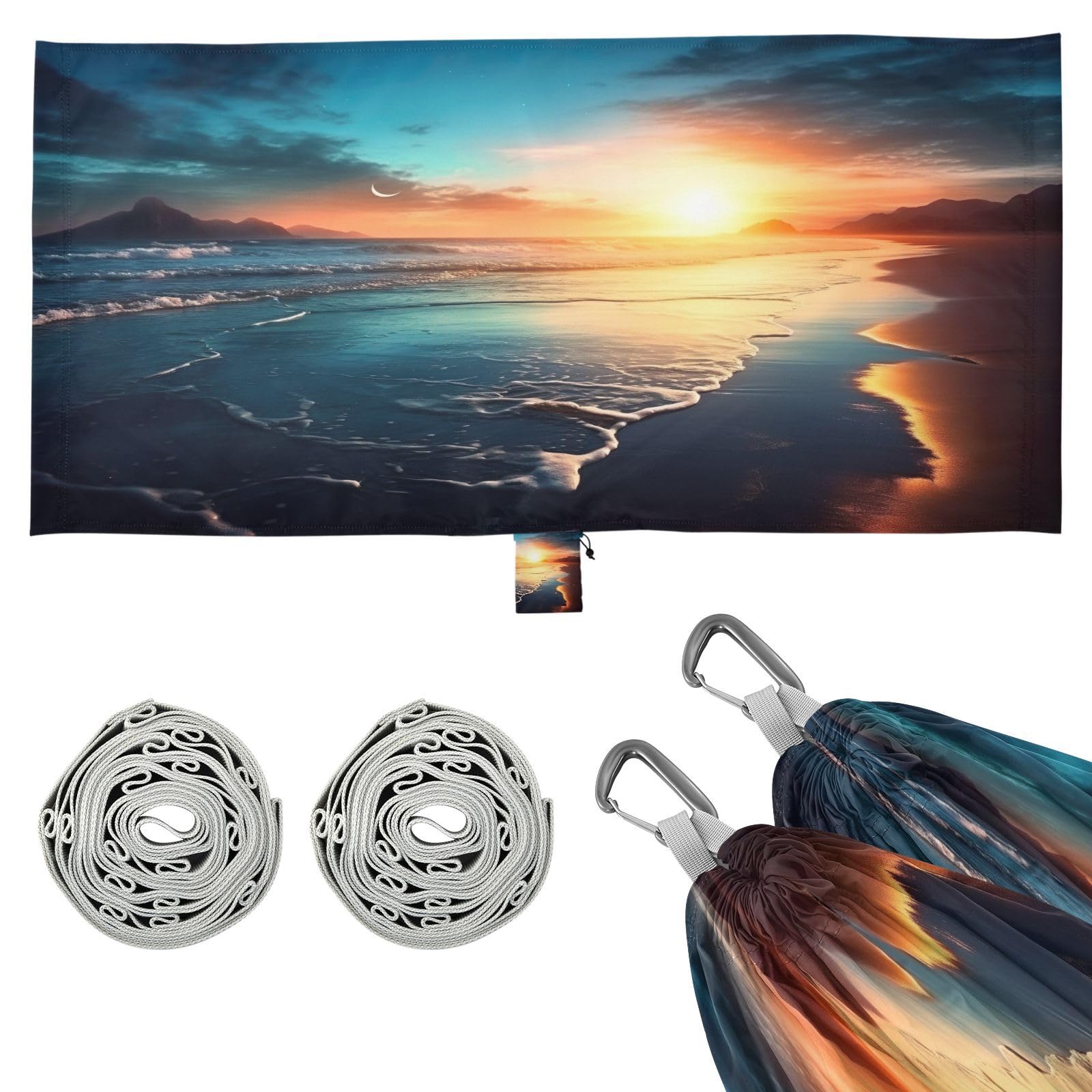 Haskirky Sunset Beach Camping Hammock, Single Portable Hammocks with Tree Straps & Attached Carry Bag, 330Lbs Capacity Perfect for Outside Indoor Hiking Beach Backpack Travel