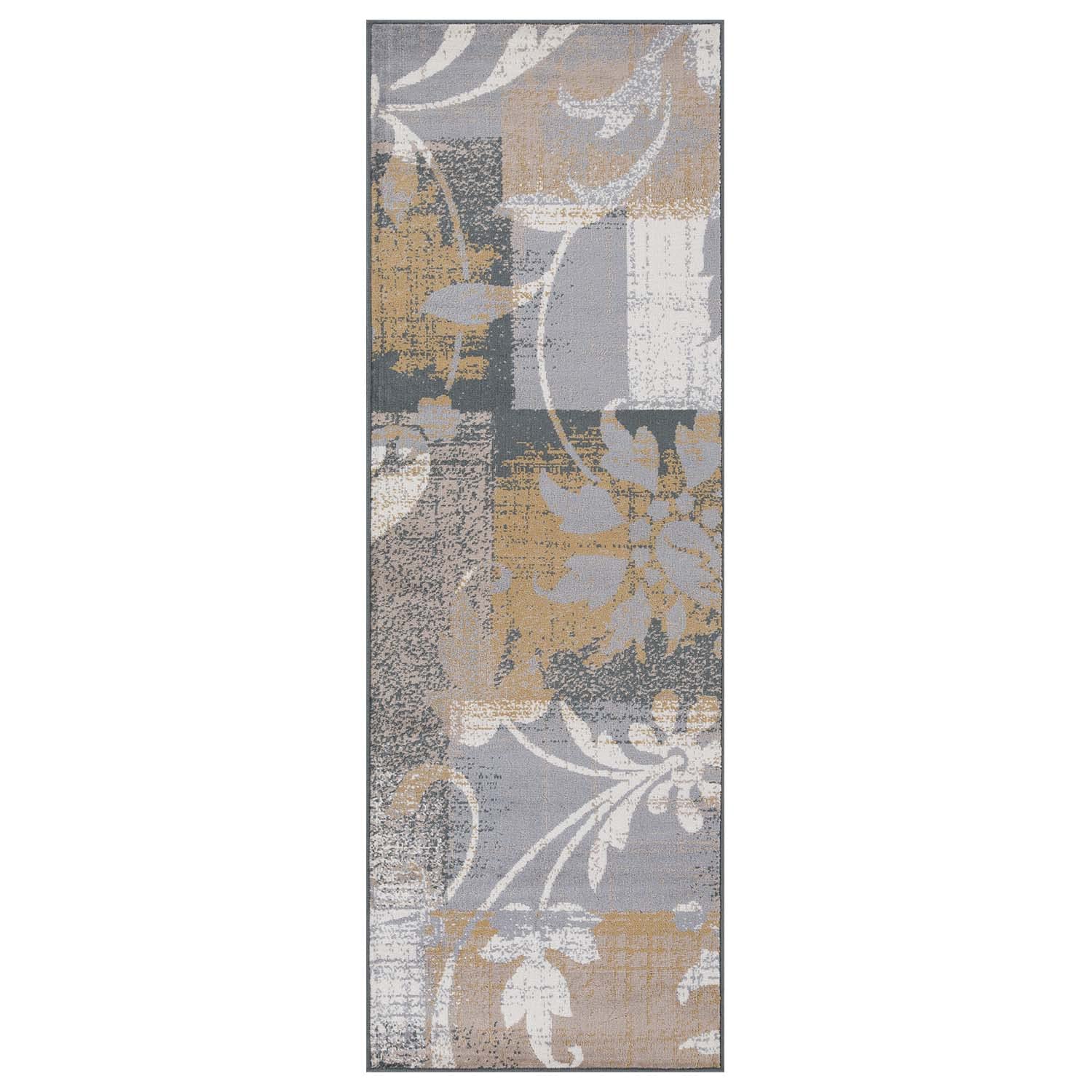 Superior Pastiche Indoor Runner Rug with Jute Backing, Perfect for Hallways, Entryway, Office, Living Room, Hardwood, Tile, or Carpet Cover, Contemporary Floral Patchwork, 2' 7" x 10', Camel