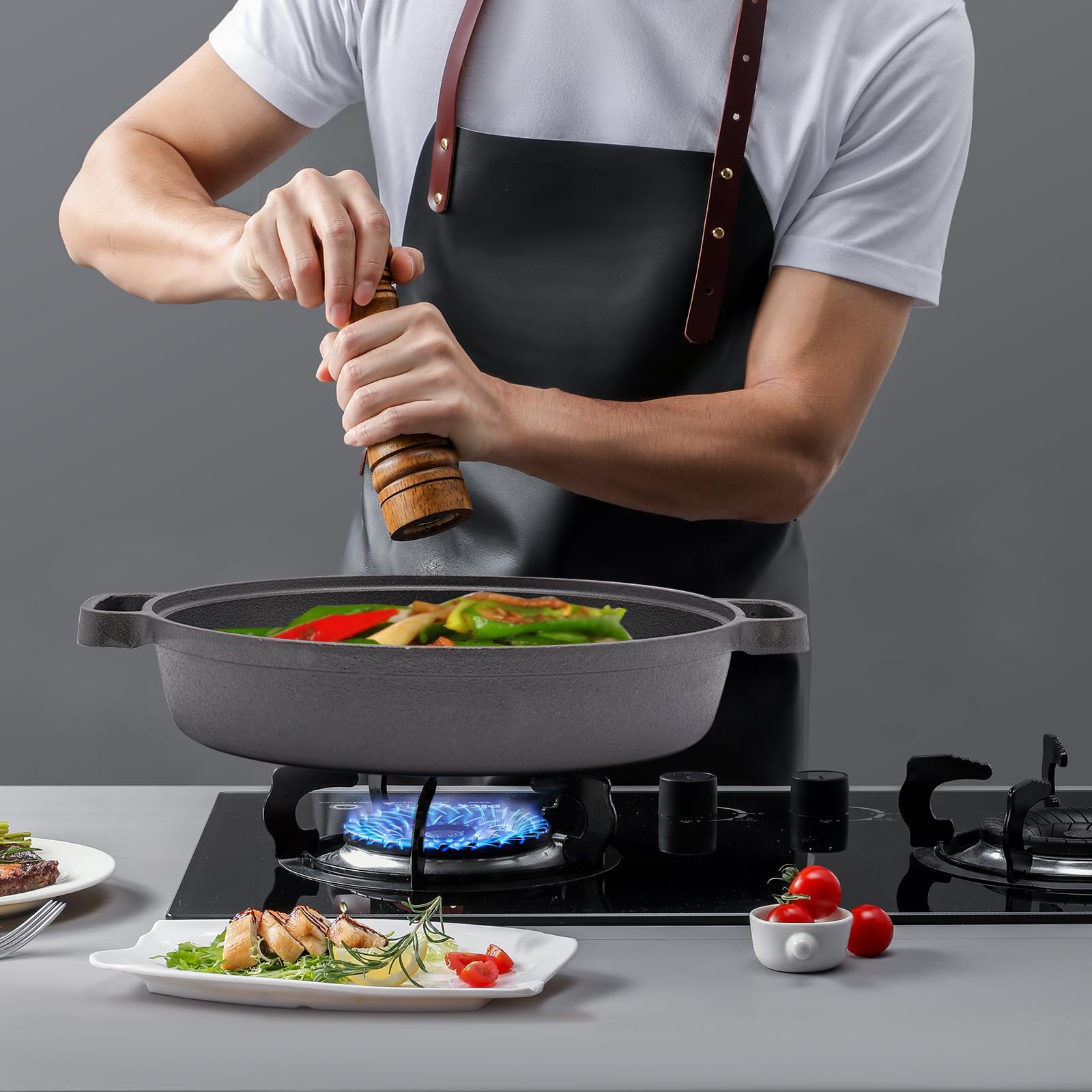 Sartén de hierro fundido – Ø 25 cm – Sartén de hierro fundido con mango doble – Sartén parrilla para inducción y fuego abierto