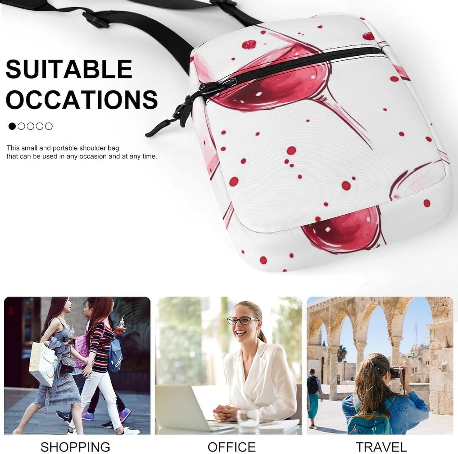 Red Wine Glasses Bloods Small Crossbody Bag Sling Shoulder Satchel | for women men,work travel workout,detachable and adjustable shoulder strap