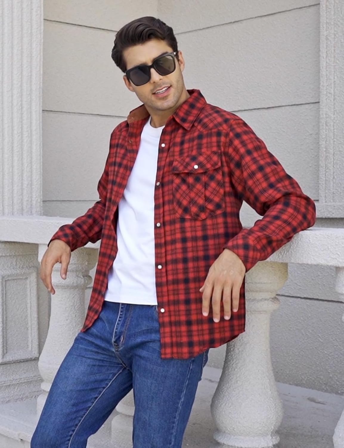 Flygo Men's Flannel Shirts Pearl Snap Long Sleeve Checkered Western Cowboy Brushed Plaid Regular Fit Shirt - Image 4