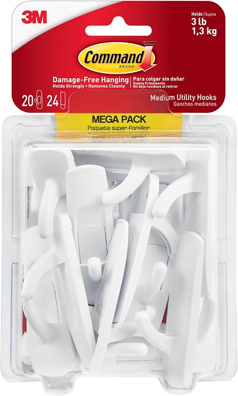 Medium White Hooks, 20 Hooks, 24 Strips | Damage-Free Hanging with Adhesive, Heavy Duty Hanging Great for Organization and Storage, Holds up to 3 lb