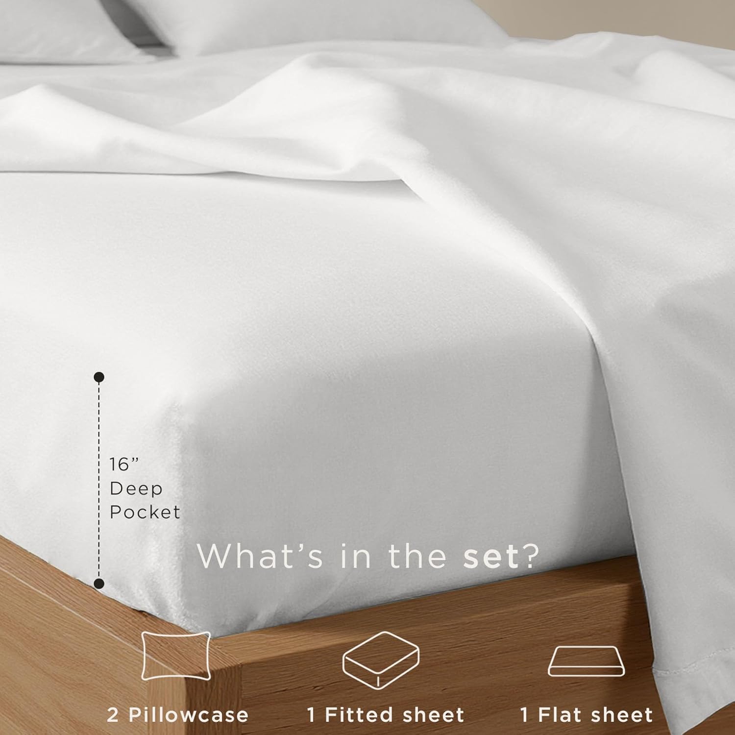 Threadmill Cotton Queen Sheet Set | 100% Cotton Sheets for Queen Size Bed | Solid Sateen Queen Bed Sheets Set with 16” Deep Pocket | Soft Breathable 4-Piece Cooling Bedding Sheet Set | White - Image 3