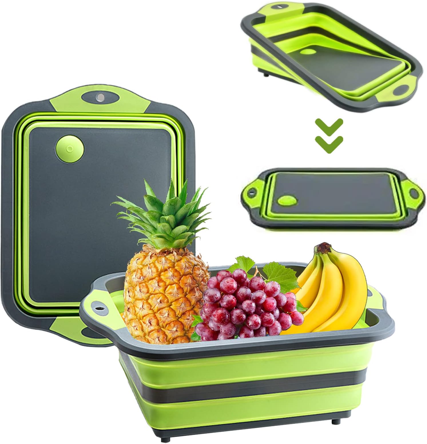 Collapsible Cutting Board - Portable Washing Veggies Fruits Food Grade Camping Sink (4.25 Gal) Space Saving 3 in 1 Multifunction Storage Basket for BBQ Prep/Picnic/Camping (Green)