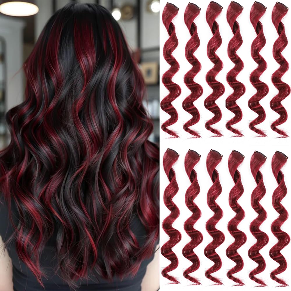 GZVIS 12 Pcs Burgundy hair Extensions 22 Inch Curly Wavy Colored Hair Colorful Clip in Extensions Highlight Party for Kids Girls and Women Gift (Curly