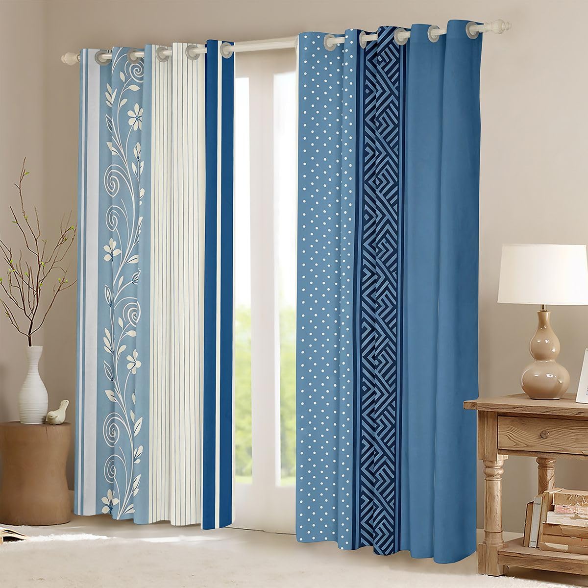 Lot de 2 rideaux de fenêtre rétro à fleurs - Taille XXL - 260 x 140 cm - Rayures géométriques - Points ondulés - Bon rideau occultant - Aquarelle - Motif plantes - Bleu - Pour adultes et