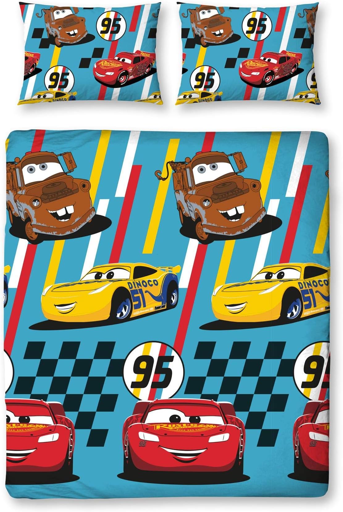 Disney Official Cars Dinoco Double Duvet Cover Rescue Design | Reversible Two Sided Bedding Duvet Cover Featuring Lightning Mcqueen & Mater With Matching Pillow Cases