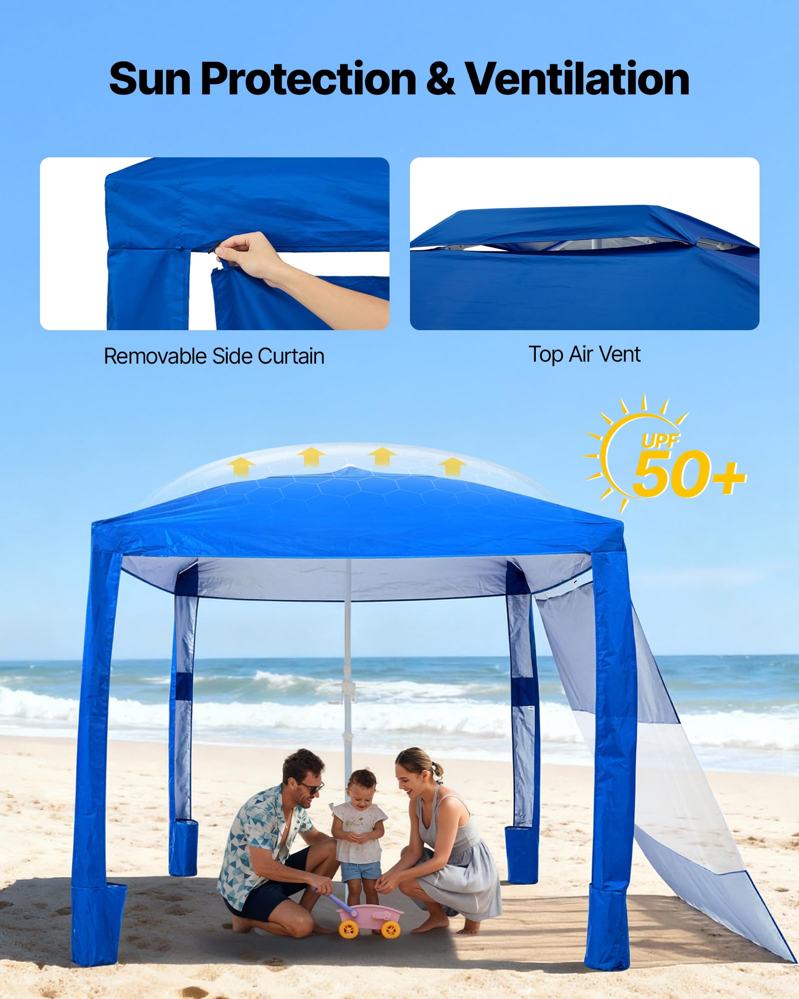 VEVOR Cabaña de Playa 2,4 x 2,4 m, con Pared Lateral, Protección Solar UPF 50+, con Sacos de Arena, Toldo Ajustable en Altura y Portátil para Disfrutar en Familia o con Amigos, Azul Marino Liso