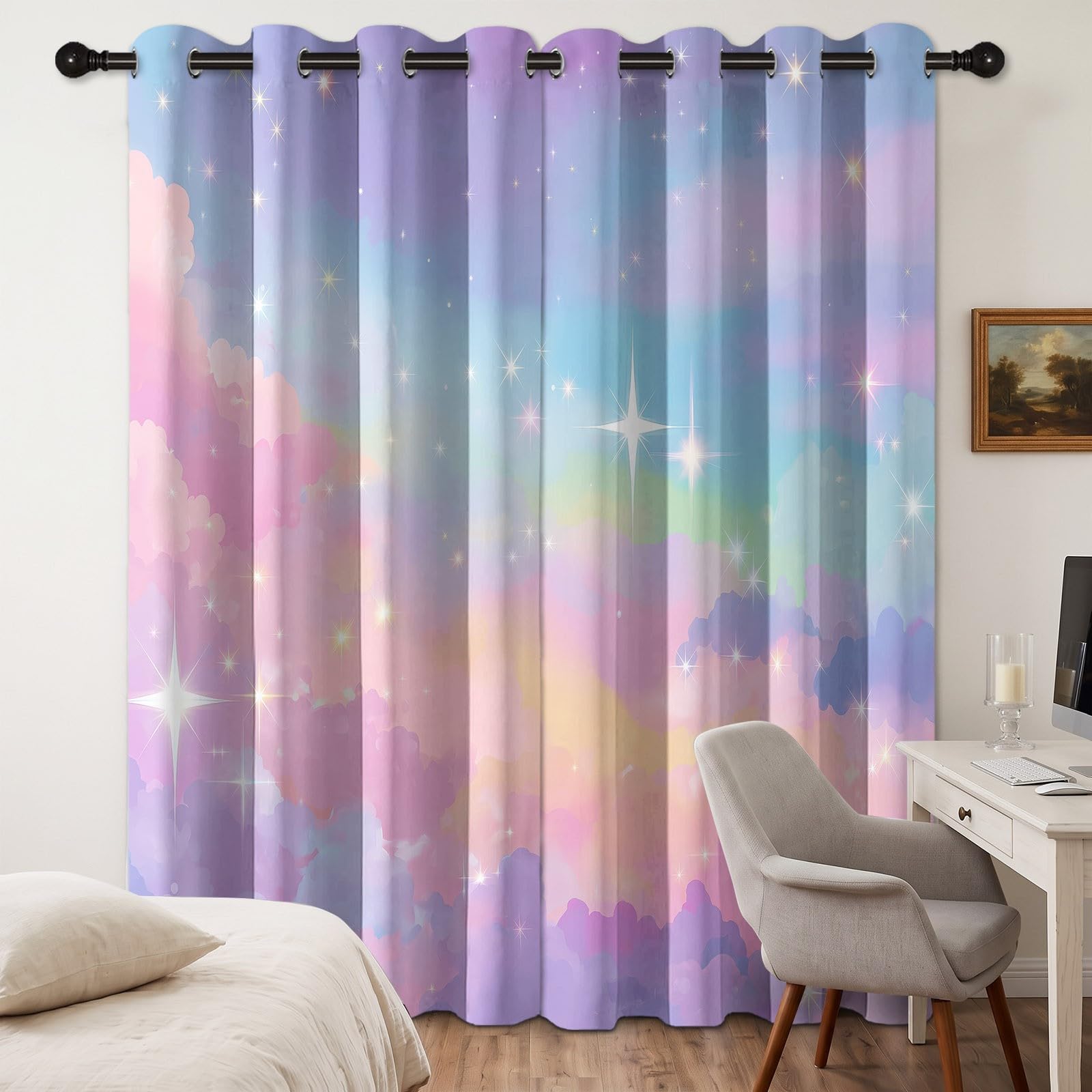 Dziecięca zasłona zaciemniająca z ptakiem termiczna gwiaździste niebo 91,5 x 214 cm Zestaw 2 zasłon z nadrukiem do salonu, sypialni, okna, kuchni, zasłon i zasłon wewnętrznych z oczkami, kolor