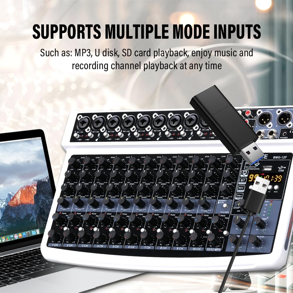 BOMGE Mixer Audio Professionale, 12 Canali, Bluetooth, USB, Alimentazione 48V, Ingressi XLR/RCA, Effetti DSP
