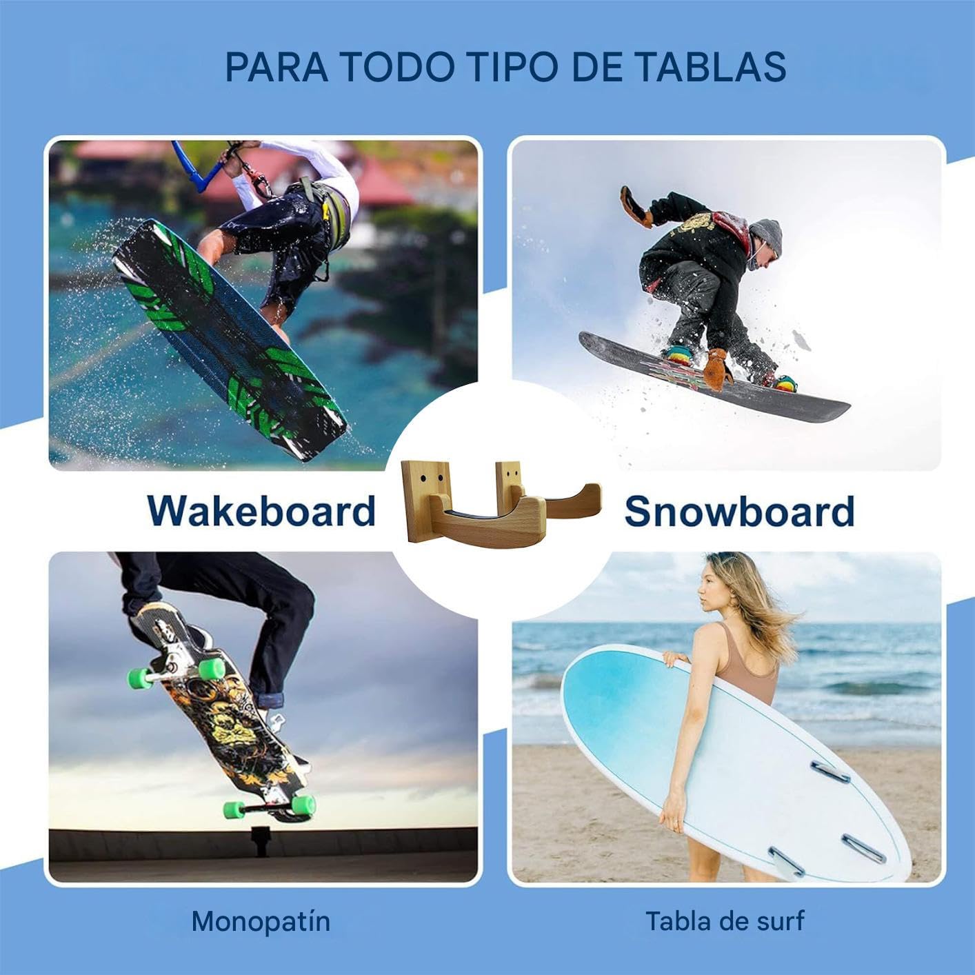 Soporte de Pared para Tabla de Surf, Colgador De Almacenamiento para Tablas De Esquí De Madera, Estante De Pared para Almacenamiento De Skateboard, para Interior Sótano Garaje Casa De Campo